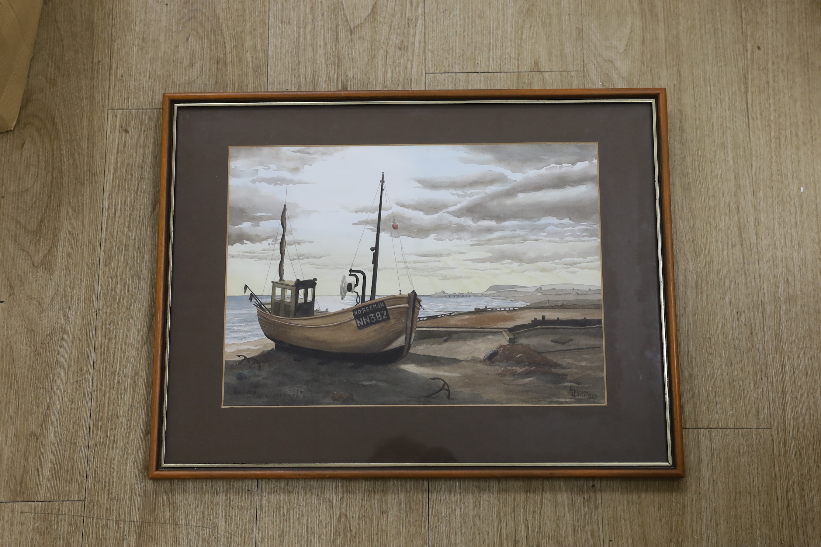 L Deacon, watercolour, 'Northman fishing boat on Eastbourne beach', signed and dated 1988, 28 x 40cm